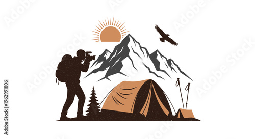 Mountain landscape illustration with photographer camping and eagle silhouette