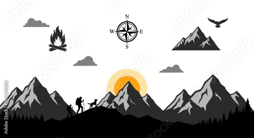 Mountain landscape illustration with silhouettes of hikers camping and sunset scene