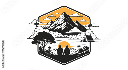 Mountain landscape illustration with silhouettes of people enjoying nature