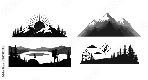Mountain landscape silhouettes depicting outdoor adventure and exploration elements
