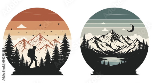 Mountain landscapes illustration hiking scenery and nature adventure designs