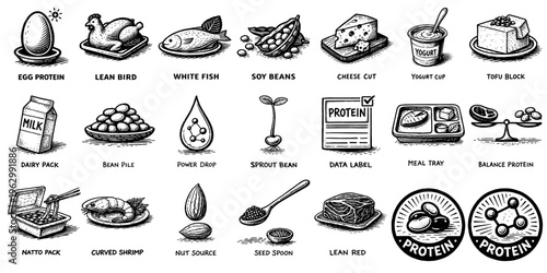 プロテイン食材のモノクロイラストコレクション（栄養・健康・食事管理）、Monochrome Protein Food Illustration Collection (Nutrition, Healthy Diet)