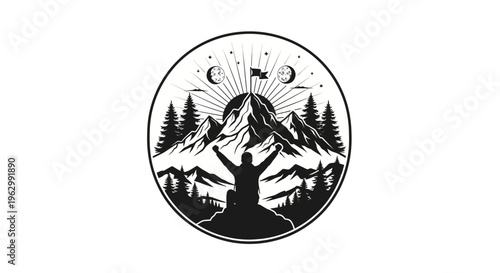 Mountain peak silhouette with flag and person celebrating success