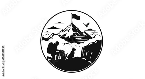 Mountain peak silhouette with hiker and dog concept illustration design