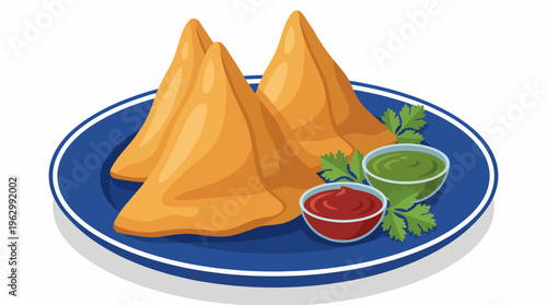 A vibrant plate depicts three golden-brown samosas paired with green and red dipping sauces, showcasing the enticing flavors and presentation of a popular snack.