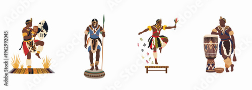 Collection of African men in traditional tribal attire performing cultural dances, playing drums, and carrying ritual objects, isolated on a white background.