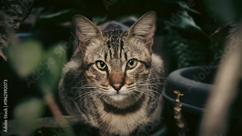 Photography Close-up portrait of a domestic tabby cat with intense yellow eyes staring at camera in a garden