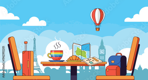 A vibrant scene depicts travel elements with landmarks and a hot air balloon