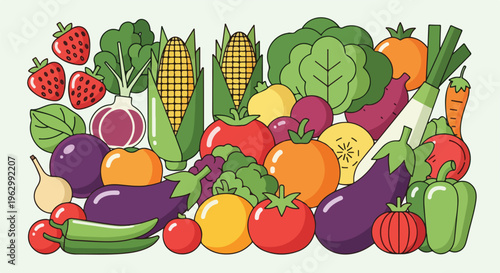 A vibrant, detailed illustration featuring various colorful fruits and vegetables