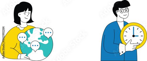 Two individuals symbolizing global communication and time management with cheerful expressions and distinct visual elements