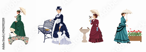 Set of Victorian ladies in elegant historical dresses, featuring parasols, a stone bridge, garden bench, bird bath, and tulip flower box.