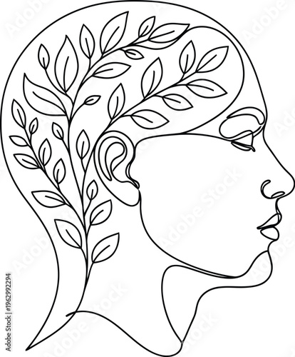 Elegant continuous line art depicting a human head silhouette filled with flourishing natural botanical leaves symbolizes growth