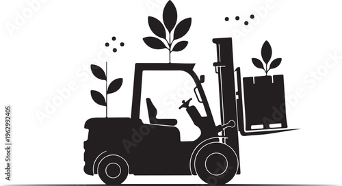Black silhouette of forklift with plants growing from it