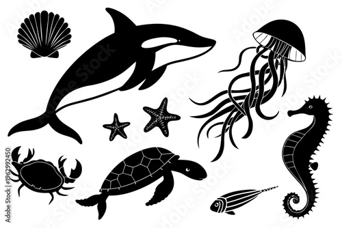Marine animal silhouettes collection with killer whale