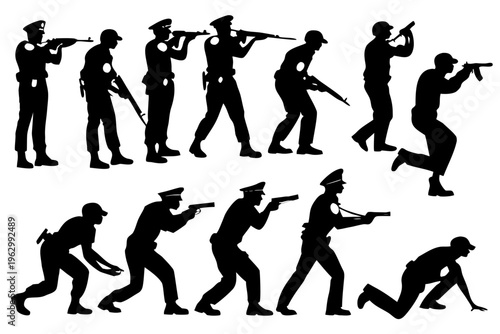 Police officers silhouettes with firearms with depicts stand