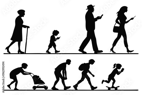 Generational silhouettes with smartphones and devices