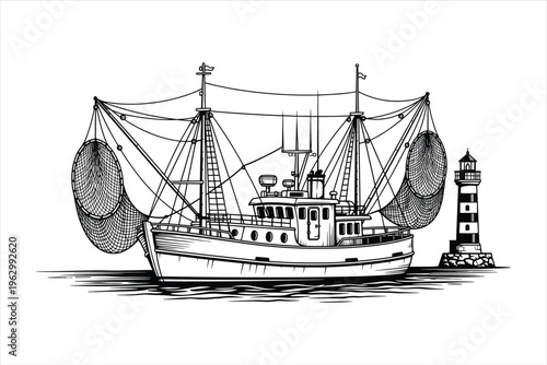 Fishing Boats Vector Art with net