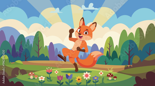 A cheerful fox performing a dance in a vibrant natural setting, surrounded by flowers and sunshine, embodying the joy and spontaneity of life and nature’s beauty.