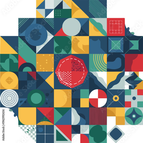 A vibrant mosaic of geometric shapes in a diverse color palette