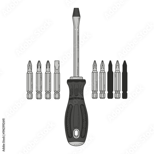 Screwdriver with interchangeable bits and various tips for different screw types on a white background.