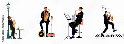 Set of four illustrations depicting men in formal suits playing saxophone in various musical settings, from street performances to recording studios and whimsical stages.