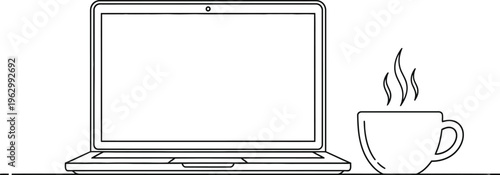 Clean line art illustration showing a contemporary laptop computer resting on a desk next to a steaming hot beverage mug suggesting productivity.