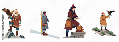 Traditional Central Asian Nomadic Figures Illustration Set Featuring Golden Eagle Hunters and Travelers in Ethnic Costume