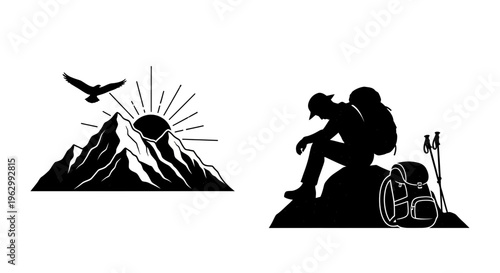 Mountain sunrise and hiker silhouette illustrations for adventure and outdoors