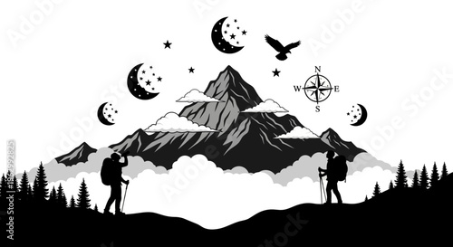 Mountainscape adventure silhouette of hikers with nature elements and sky