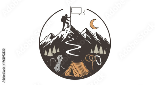 Outdoor activities illustration of people hiking and eagle flying over mountains