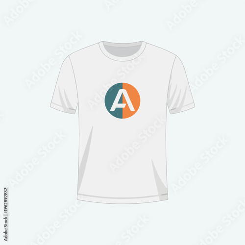 A white crew-neck T-shirt, front view, with a circular graphic