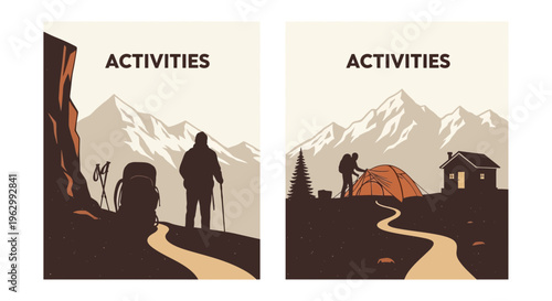 Outdoor activities illustration silhouette man hiking mountains vector