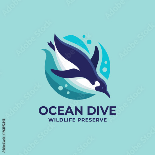 A minimalist design showcases a penguin diving through splashes of water, symbolizing wildlife conservation efforts and the vibrant life beneath the ocean waves.