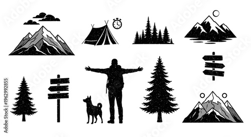 Outdoor adventure elements mountain tent trees signpost and hiker silhouette