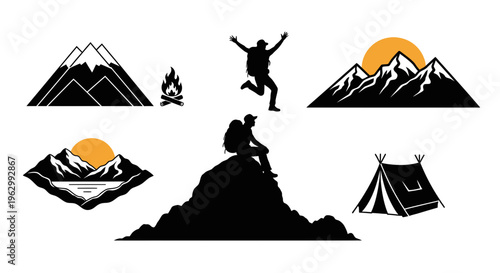Outdoor adventure icons mountains campfire silhouette hiker camping tent sun