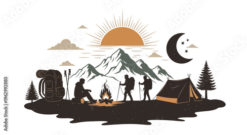 Outdoor adventure illustration campers near mountain campfire under sun and moon