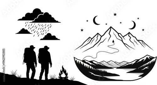 Outdoor adventure illustration featuring mountains campers and weather elements