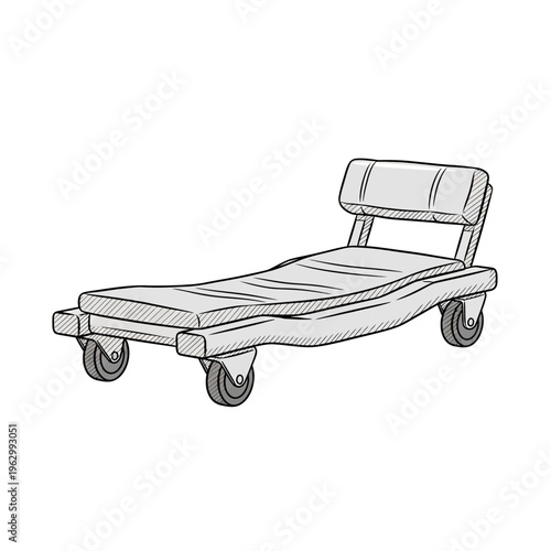 Line art illustration of a mechanic's creeper with wheels and a padded headrest, designed for working underneath vehicles.