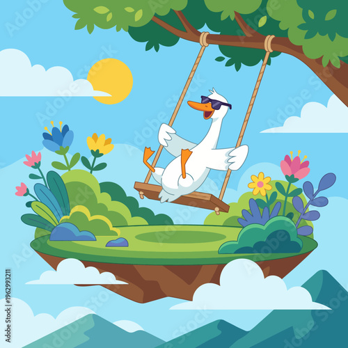 A whimsical goose wearing sunglasses enjoying a swing under a tree, surrounded by colorful flowers and mountains, representing joy and carefree moments.