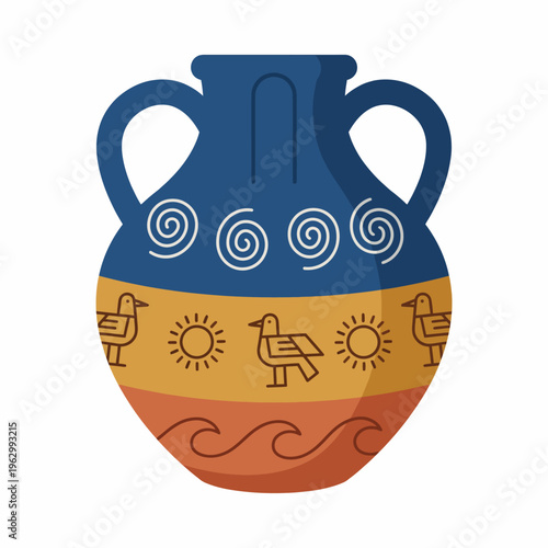 This beautifully designed pottery features detailed bird motifs and spirals, showcasing ancient artistry and vibrant colors that enhance its aesthetic appeal.