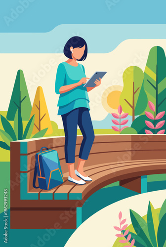 A modern woman stands on a bridge, using a tablet amidst vibrant greenery and sunlight. Her posture shows engagement with technology, blending nature and innovation beautifully.