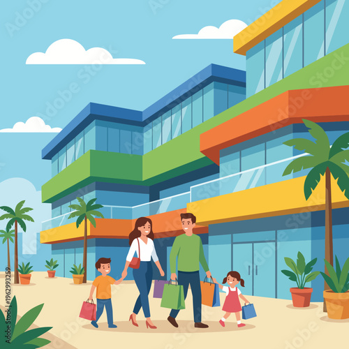 This cheerful illustration depicts a family enjoying their shopping experience at a bright, modern mall, highlighting togetherness and the joys of family outings in a vibrant setting.