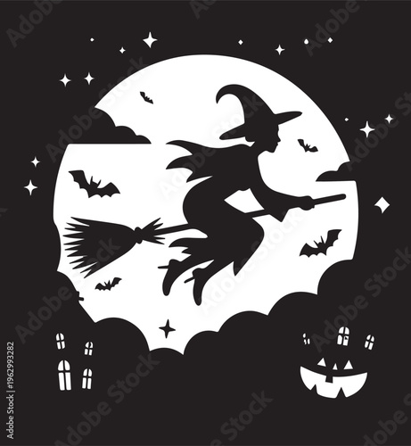 Eerie Witch Silhouette Soaring on Broom Across the Moonlit Sky