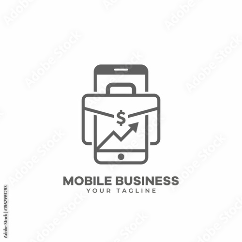 This sleek logo design depicts a mobile phone integrated with a briefcase and growth graph, symbolizing mobile business success and modern entrepreneurial endeavors.