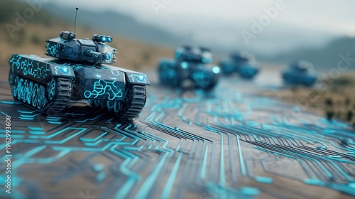 Futuristic tank cyber road digital circuit modern war blue technology military vehicle armored machine battlefield artificial intelligence innovation Futuristic tank cyber road over digital