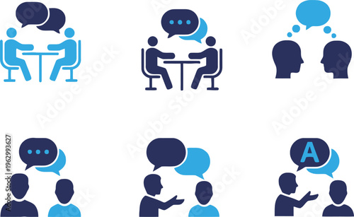 Six blue silhouette illustrations of people communicating in various meeting and conversation settings