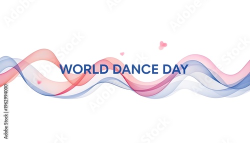 A colorful graphic celebrating World Dance Day with wavy ribbons and hearts