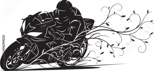 Black silhouette of motorcyclist riding motorcycle with floral