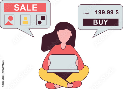 Woman sitting cross-legged using laptop sees online sale and considers purchasing discounted item