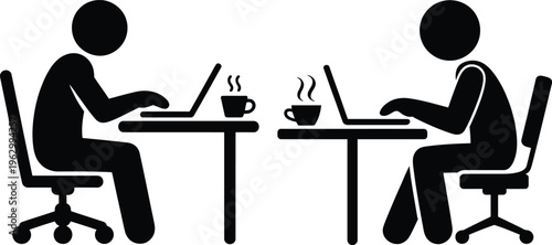Two individuals working on laptops at separate small tables with coffee cups nearby